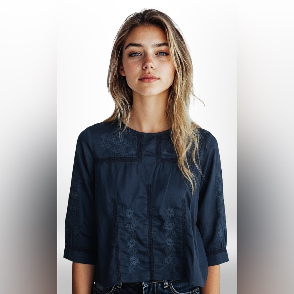 J. Crew Women's Floral Embroidery Top Blouse Eyelet Navy Blue 100% Cotton sz 00